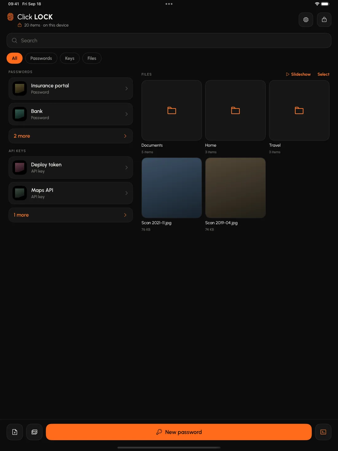 Click Lock on an iPad, entries on one side and pictures on the other.