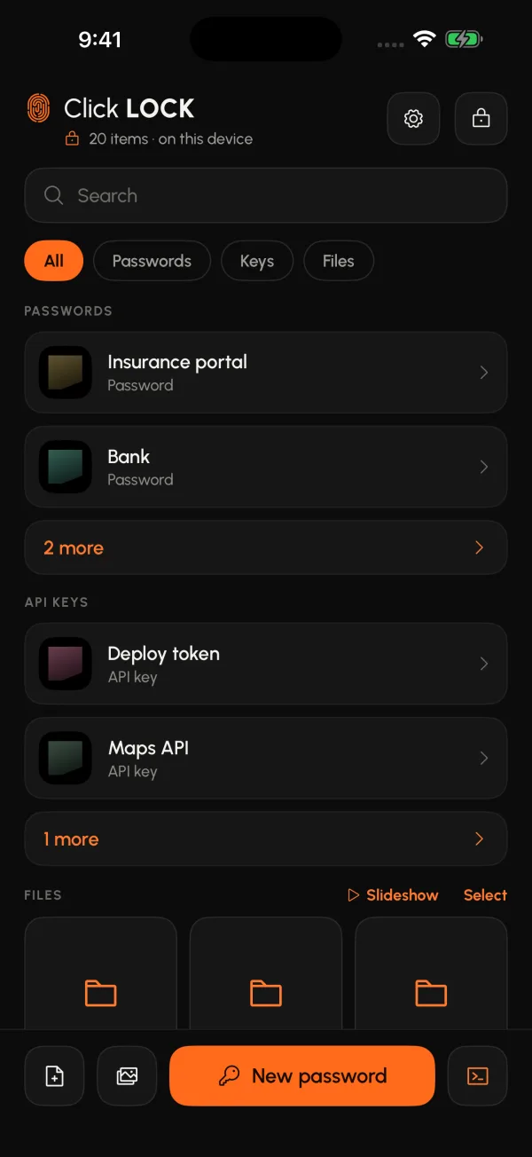The Click Lock vault open on an iPhone, showing passwords, API keys and files.