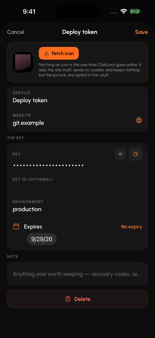 An API key entry with service, environment and expiry.