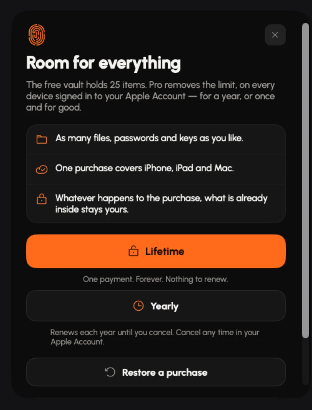 The Click Lock purchase screen, offering Lifetime and Yearly.