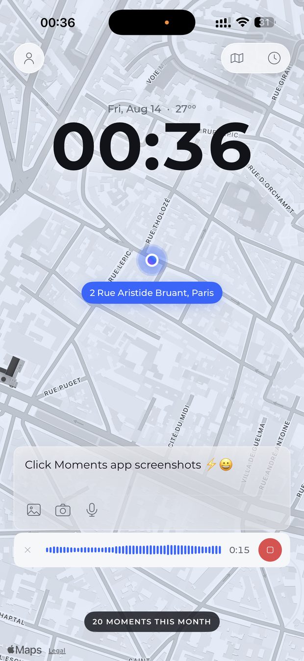 Click Moments home screen with the map, the clock and the writing field