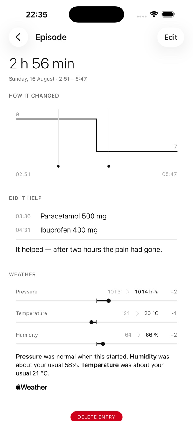 The episode screen: the doses taken and the answer to whether they helped