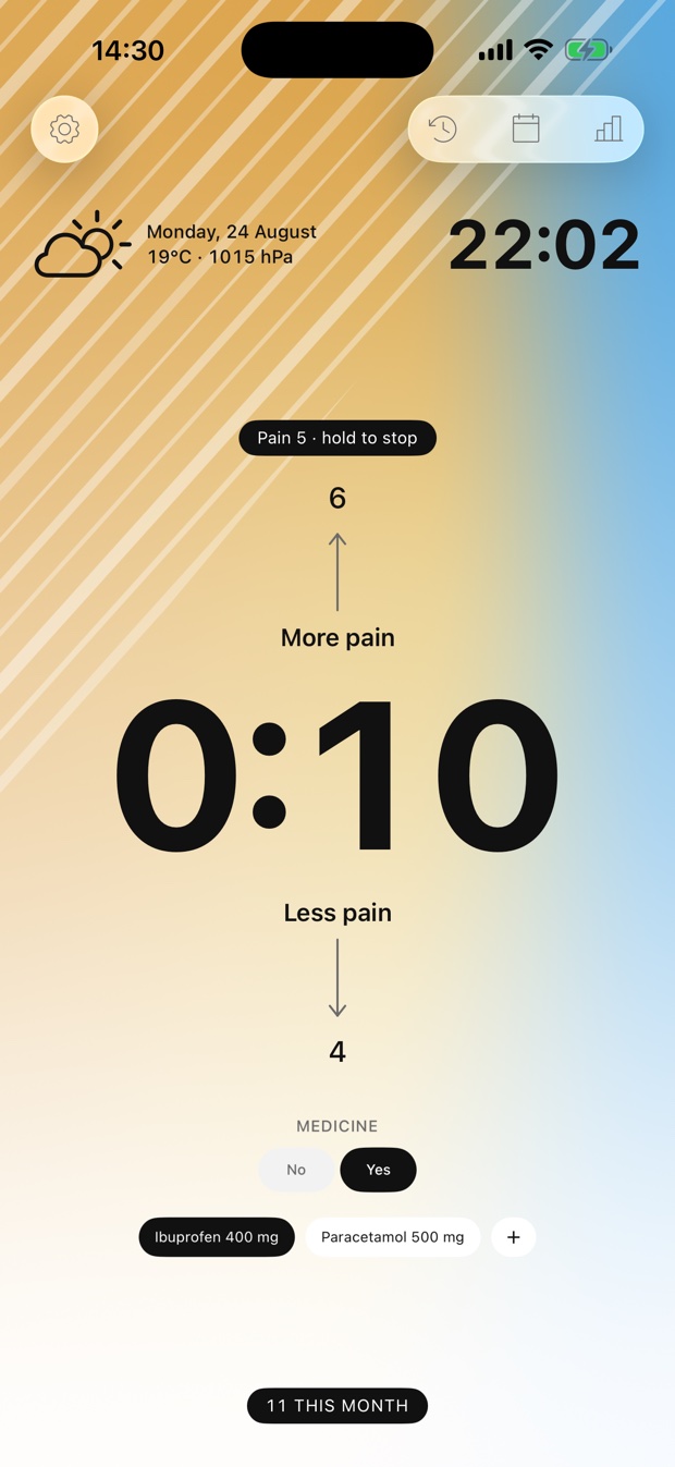 Click Pain home screen, mid-episode: the running clock, the intensity dial, medicine chips and the weather